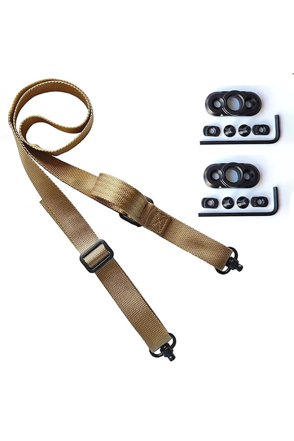 1 Pc Two Point Traditional Sling with Mounts - Adjustable Extra Long Two Point Traditional Sling with 2 Pack 1.25" QD Sling Rail Swivel Mounts for Mlock, Brown
