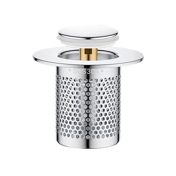 1 Pc Universal Pop Up Bathroom Sink Stopper, 1.96" Short Brass Core Push Drain Filter with Hair Catcher Basket, Anti-Clogging Stainless Steel Plug Insert for 1.29" Hole
