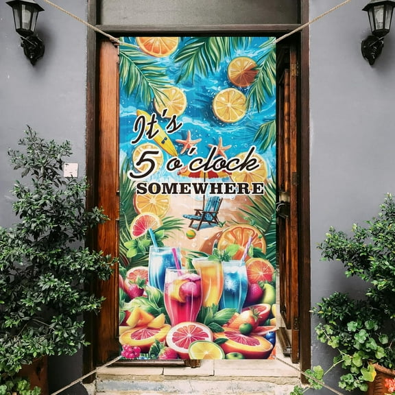 1 Pc Vacation Mode Door Banner Juice Beach Sun Umbrella Coconut Leaves Patterns Door Backdrops Patriotic Military Homecoming Army 35.4x72.8 inch