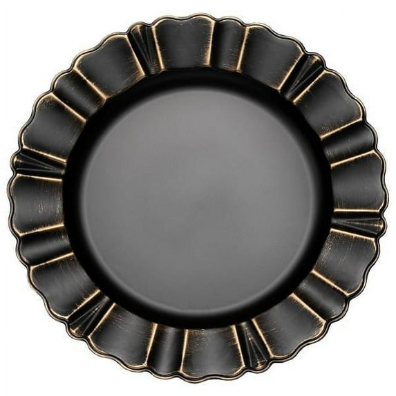 1 Pc, Waved Scalloped Acrylic 13" Charger Plate - Black & Gold For Wedding, Birthday Party, Shower, Restaurant, Hotel, Or Catering Service