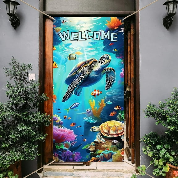 1 Pc Welcome Theme Turtle Door Cover Summer Beach Door Banner Nautical Porch Banner Ocean Animal Party Decorations Polyester Sign for Party Supplies 35.4x72.8 inch(90x185cm) for DIY Turtle