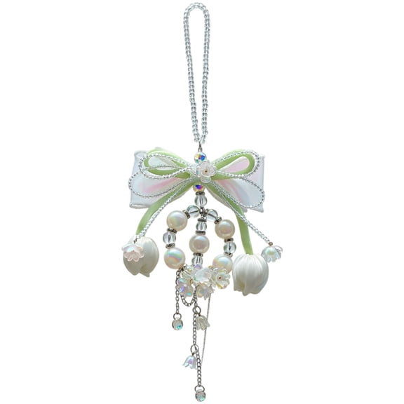 1 Pc White Tulip Bow Crystal Car Hanging Ornament, Lily of the Valley Rearview Mirror Pendant, Sparkle Acrylic Artificial Crystal Charm, 7.5 in Total Height, Gentle Car Decor for Everyone