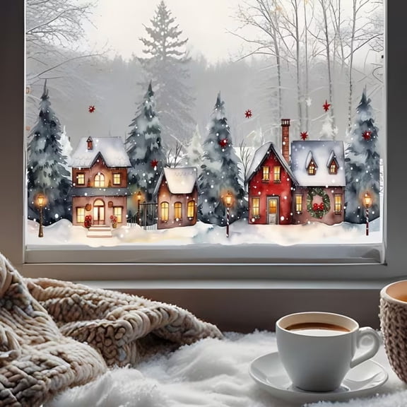 1 Pc Winter Village Static Window Cling, Snow Cabin Pine Tree Street Lamp Christmas Glass Decal