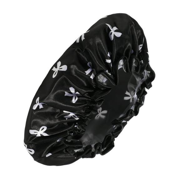 1 Pc Women Double Layer Bow Shower Cap for Bathroom Vacation Travel Hotel Black Satin EVA