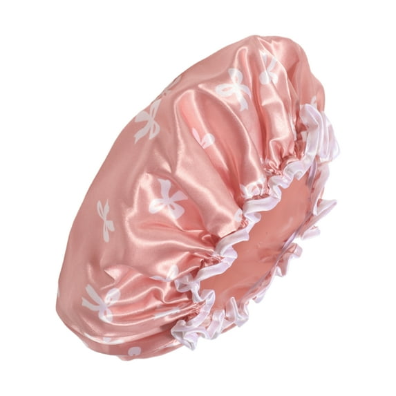 1 Pc Women Double Layer Bow Shower Cap for Bathroom Vacation Travel Hotel Pink Satin EVA