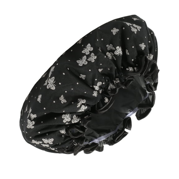 Unique Bargains 1 Pc Women Double Layer Butterfly Shower Cap for Bathroom Vacation Travel Polyester Cotton PEVA Black