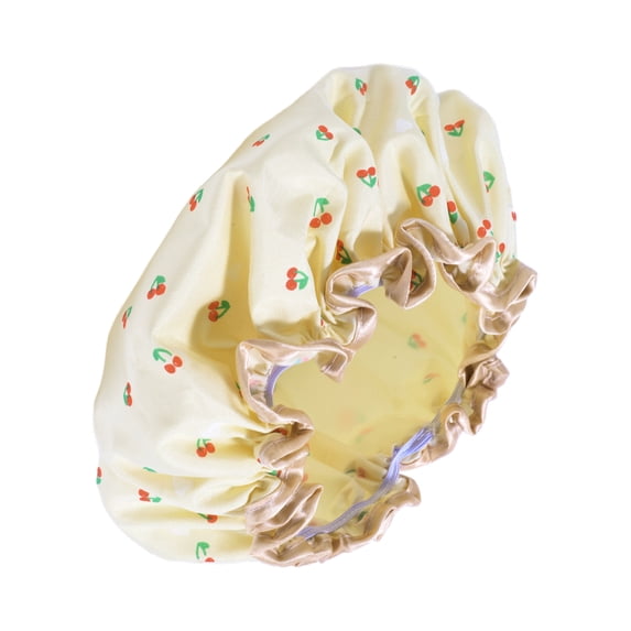 1 Pc Women Double Layer Cherry Pattern Shower Cap for Bathroom Vacation Yellow Polyester Cotton PEVA
