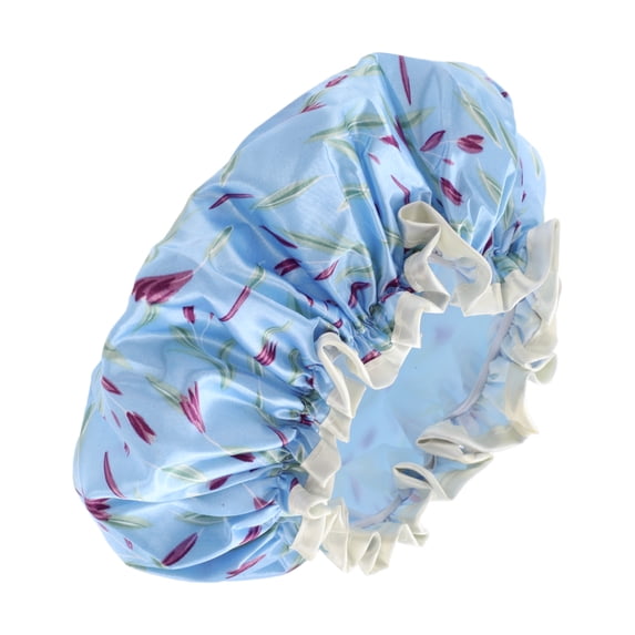 1 Pc Women Double Layer Large Dots Shower Cap for Bathroom Vacation Travel Blue Satin PEVA