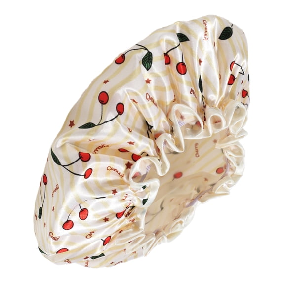 1 Pc Women Double Layer Small Cherry Shower Cap for Bathroom Vacation Yellow Satin EVA