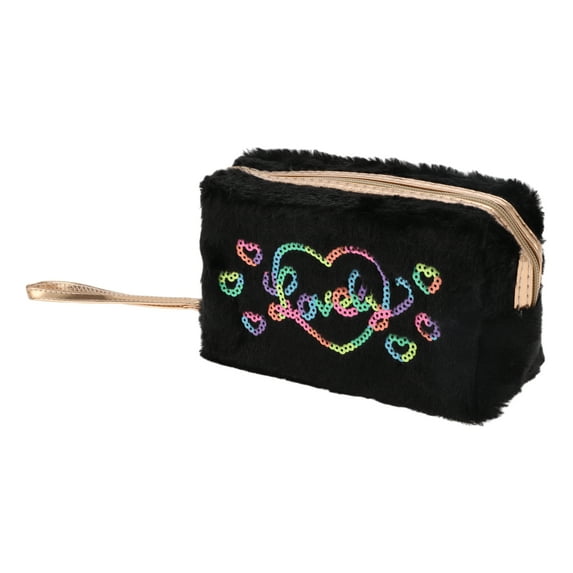 1 Pc Women Durable Heart Style Makeup Bag for Travel Gym Vacation Wedding Black Plush
