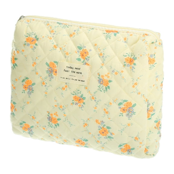 1 Pc Women Durable Medium Quilted Makeup Bag for Vacation Travel Orange Yellow Cotton