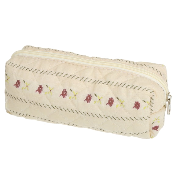 1 Pc Women Durable Small Quilted Stripe Makeup Bag for Vacation Travel Red Beige Cotton
