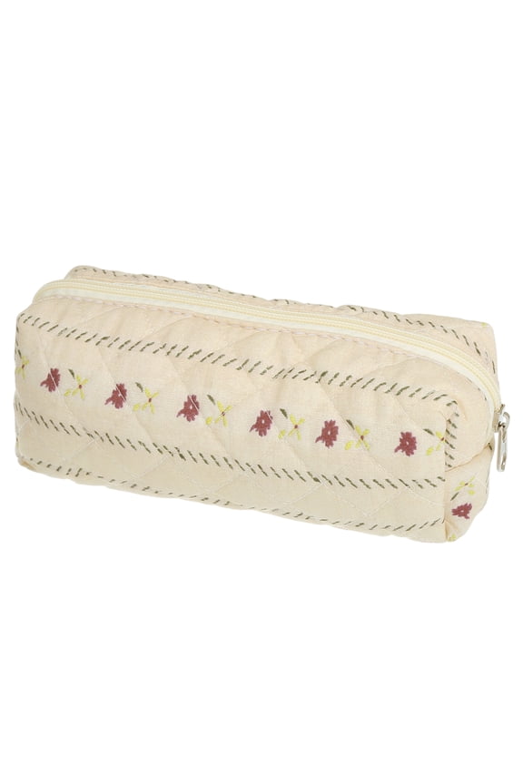 1 Pc Women Durable Small Quilted Stripe Makeup Bag for Vacation Travel Red Beige Cotton