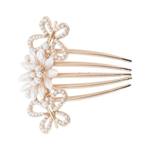 1 Pc Women Flowers Hair Insert Comb for Straight Thick Hair Gold Tone White Alloy Faux Pearl