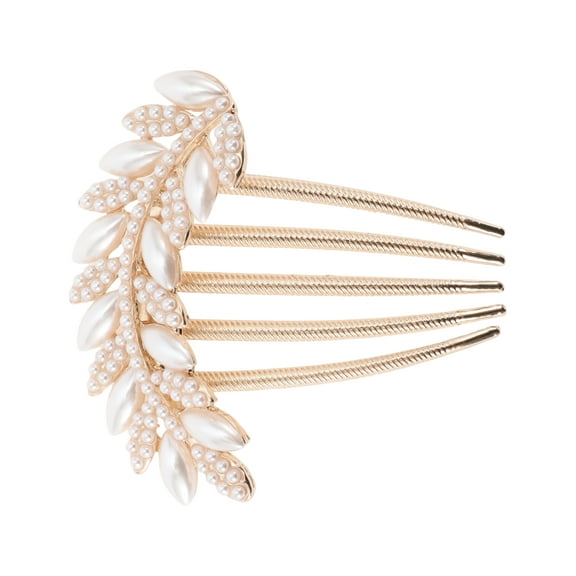 1 Pc Women Leaves Hair Insert Comb for Straight Thick Hair Gold Tone White Alloy Faux Pearl