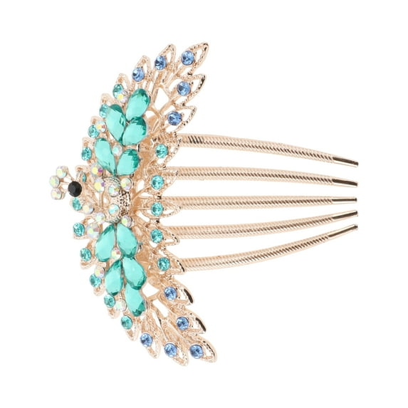 1 Pc Women Peacock Style Hair Insert Comb for Straight Thick Wavy Hair Blue Alloy Rhinestone
