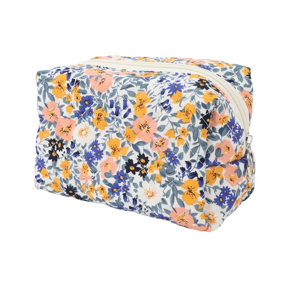 1 Pc Women Portable Colored Flowers Makeup Bag for Travel Vacation Deep Blue Polyester