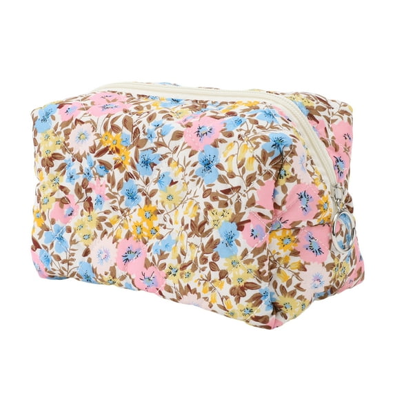1 Pc Women Portable Colored Flowers Makeup Bag for Travel Vacation Pink Brown Polyester
