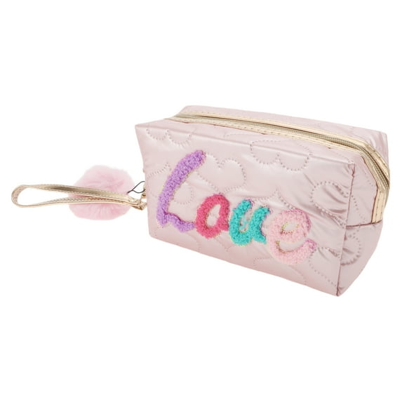 1 Pc Women Portable Embroidered Love Makeup Bag for Travel Vacation Wedding Pink PU
