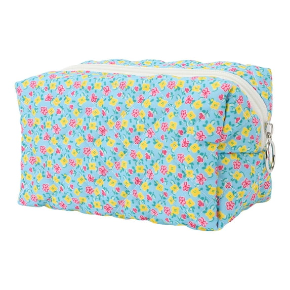 1 Pc Women Portable Flower Pattern Makeup Bag for Travel Vacation Blue Yellow Cotton