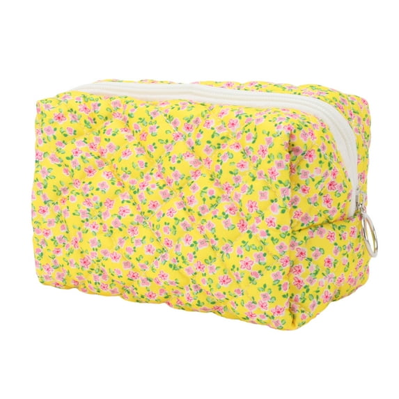 1 Pc Women Portable Flower Pattern Makeup Bag for Travel Vacation Yellow Pink Cotton