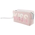 thumbnail image 1 of 1 Pc Women Portable Grid KISS Makeup Bag for Travel Gym Vacation Wedding Pink PU, 1 of 2