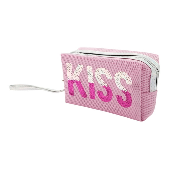 1 Pc Women Portable Grid KISS Makeup Bag for Travel Vacation Wedding Dark Pink PU