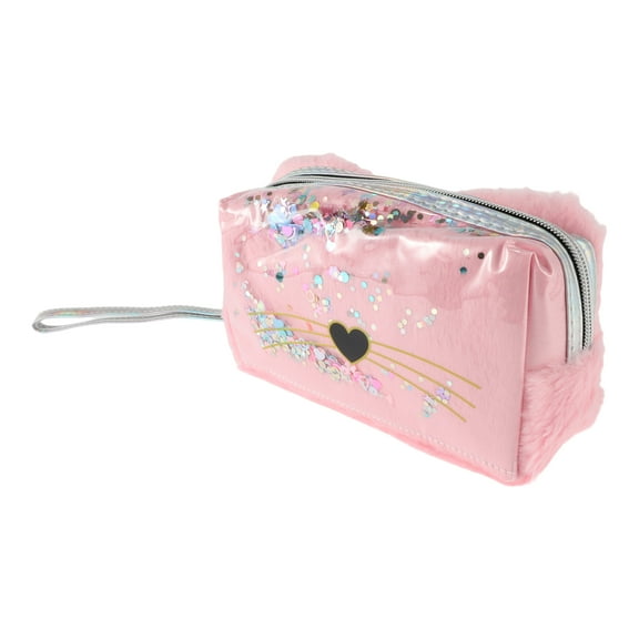1 Pc Women Portable Heart Sequin Makeup Bag for Travel Vacation Camping Pink Plush