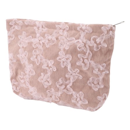 1 Pc Women Portable Lace Embroidery Makeup Bag for Travel Vacation Camping Pink Corduroy