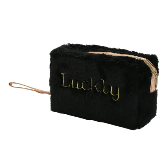 1 Pc Women Portable Luckly Makeup Bag for Travel Gym Vacation Wedding Black Plush
