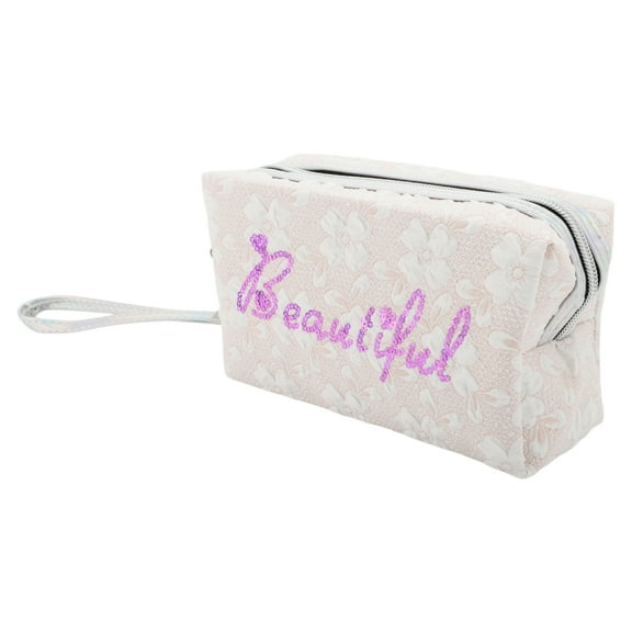 1 Pc Women Portable Sequin Beautiful Makeup Bag for Travel Vacation Pink White PU