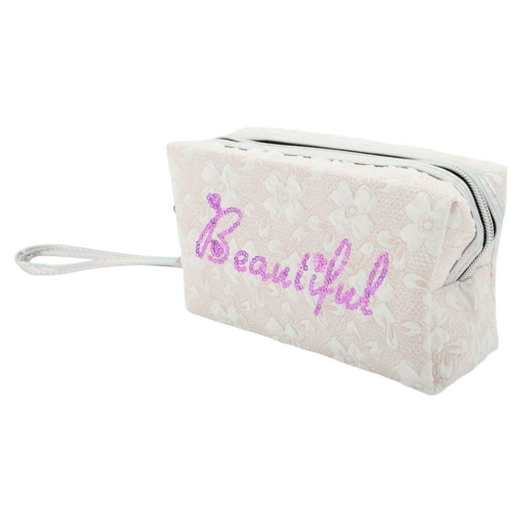 1 Pc Women Portable Sequin Beautiful Makeup Bag for Travel Vacation Pink White PU
