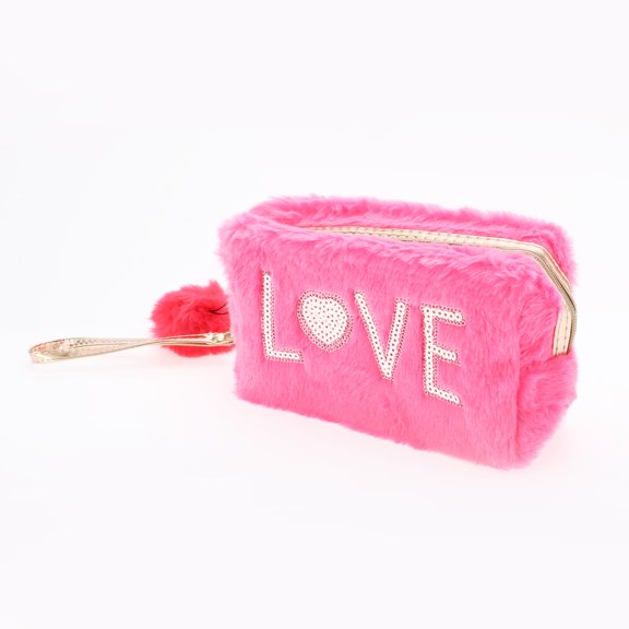 1 Pc Women Portable Sequin Heart LOVE Makeup Bag for Travel Vacation Rose Red Plush