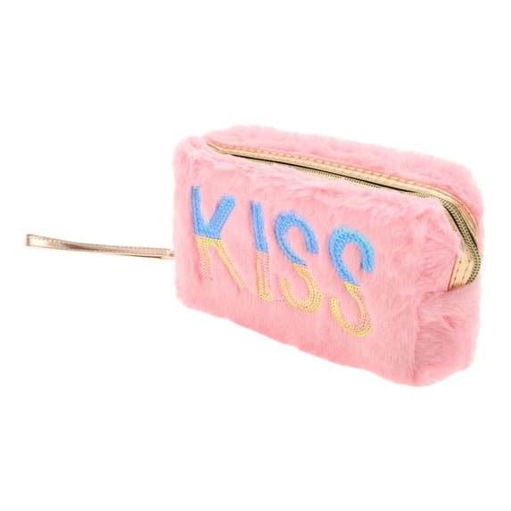 1 Pc Women Portable Sequin KISS Makeup Bag for Travel Gym Vacation Wedding Pink Plush