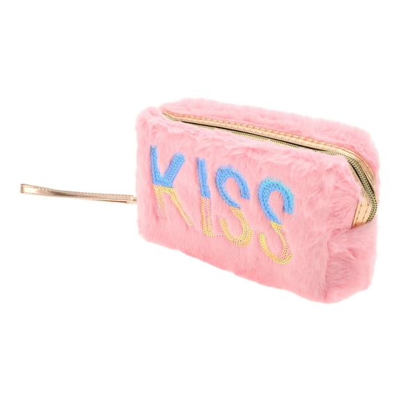 1 Pc Women Portable Sequin KISS Makeup Bag for Travel Gym Vacation Wedding Pink Plush
