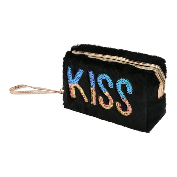 1 Pc Women Portable Sequin KISS Makeup Bag for Travel Vacation Wedding Black Plush