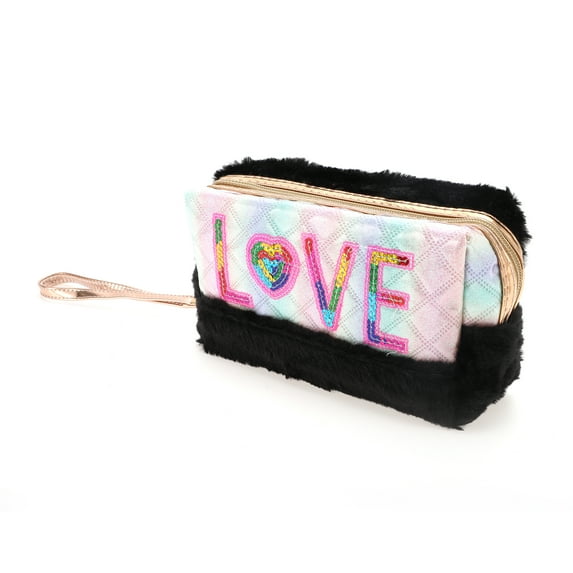 1 Pc Women Portable Sequin LOVE Makeup Bag for Travel Vacation Wedding Black Plush