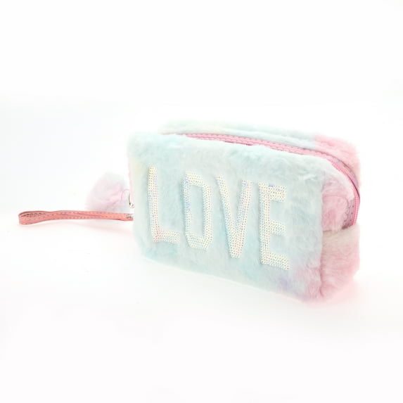 1 Pc Women Portable Sequin LOVE Makeup Bag for Vacation Light Assorted Color Plush