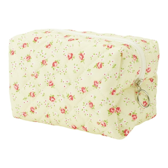 1 Pc Women Portable Small Floral Makeup Bag for Travel Vacation Camping Beige Cotton