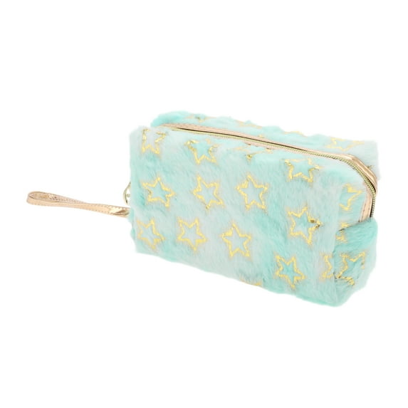 1 Pc Women Portable Stars Makeup Bag for Travel Vacation Wedding Light Blue White Plush