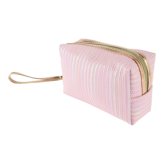 1 Pc Women Solid Color Vertical Stripes Makeup Bag for Travel Vacation Pink PU