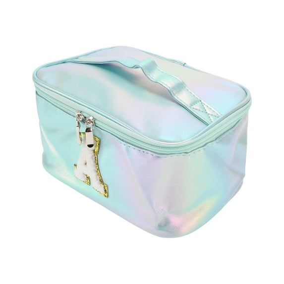 1 Pc Women Square Letter A Makeup Bag for Vacation Outdoor Activities Blue PU
