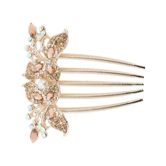 1 Pc Women Two Flowers Hair Insert Comb for Straight Thick Wavy Hair Champagne Alloy Rhinestone