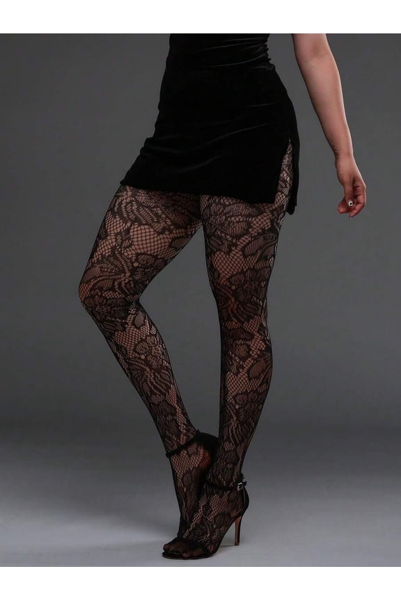 1 Pc Women's Plus Size High Elastic Floral Mesh Tights, Y2K Gothic Black Stockings for Daily, Halloween & Christmas, Ideal Gifts, Fits 80–200 lbs