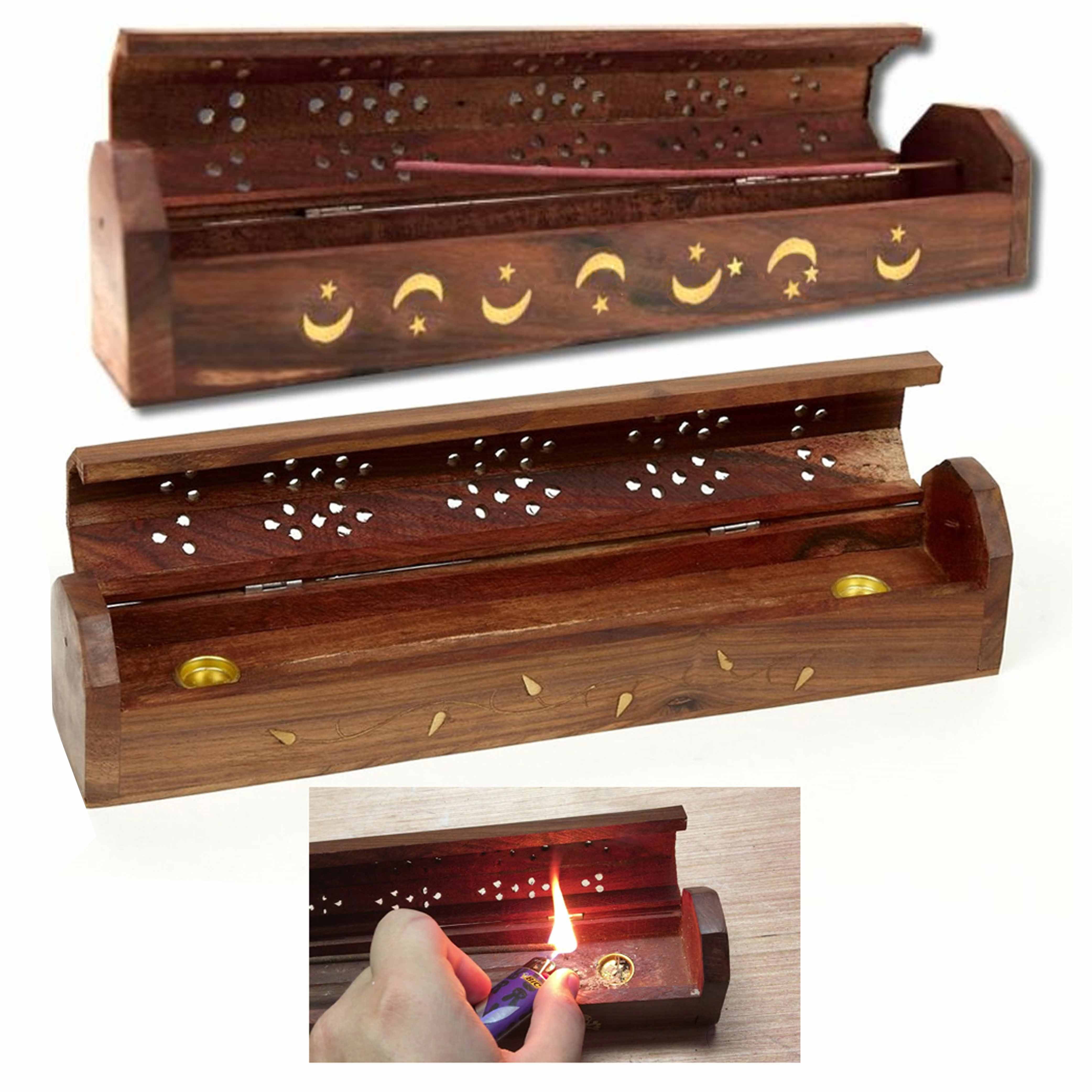 1 Pc Wooden Incense Burner Box Coffin Hinged Style Burning