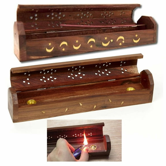 1 Pc Wood Incense Burner Holder Box Ash Catcher Sticks 12" Design Burning Joss