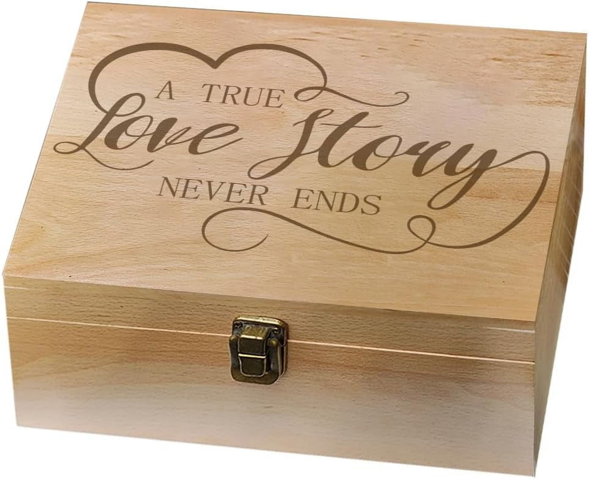 1 Pc Wood Memory Keepsake Box Love Story Never Ends Memory Box with Hinged Lids Love Theme Keepsake Chest for Wedding Anniversary Photo Letter Storage 9.6x7.6x4inch(24.5x19.5x10.3cm) Beige