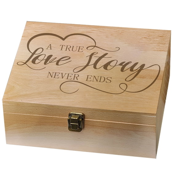 1 Pc Wood Memory Keepsake Box Love Story Never Ends Memory Box with Hinged Lids Love Theme Keepsake Chest 9.6x7.6x4inch(24.5x19.5x10.3cm)