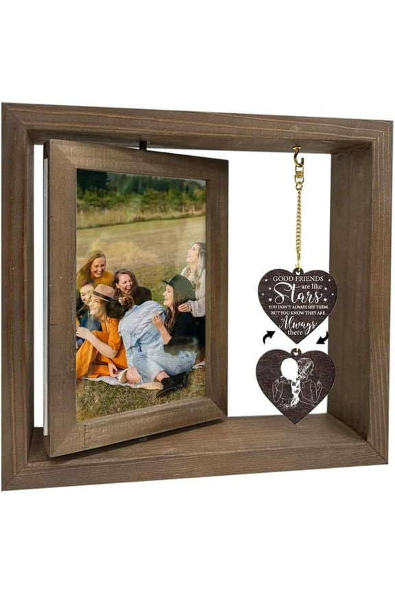 1 Pc Wood Rotating Picture Frame Dark Brown Good Friends Are Like Stars Photo Frame with Heart Charms Double Sided Memorial Picture Frame for DIY