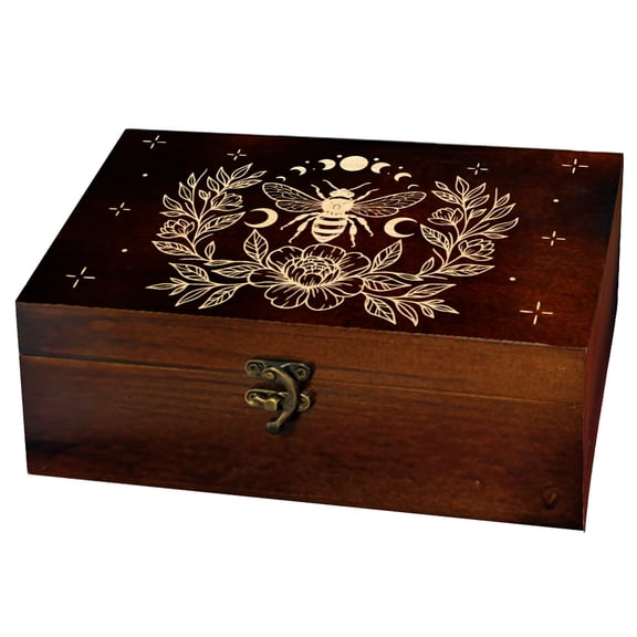1 Pc Wooden Keepsake Storage Box Bee Flower Moon Phase Pattern Rectangle Pine Tarot Card Memory Box DIY